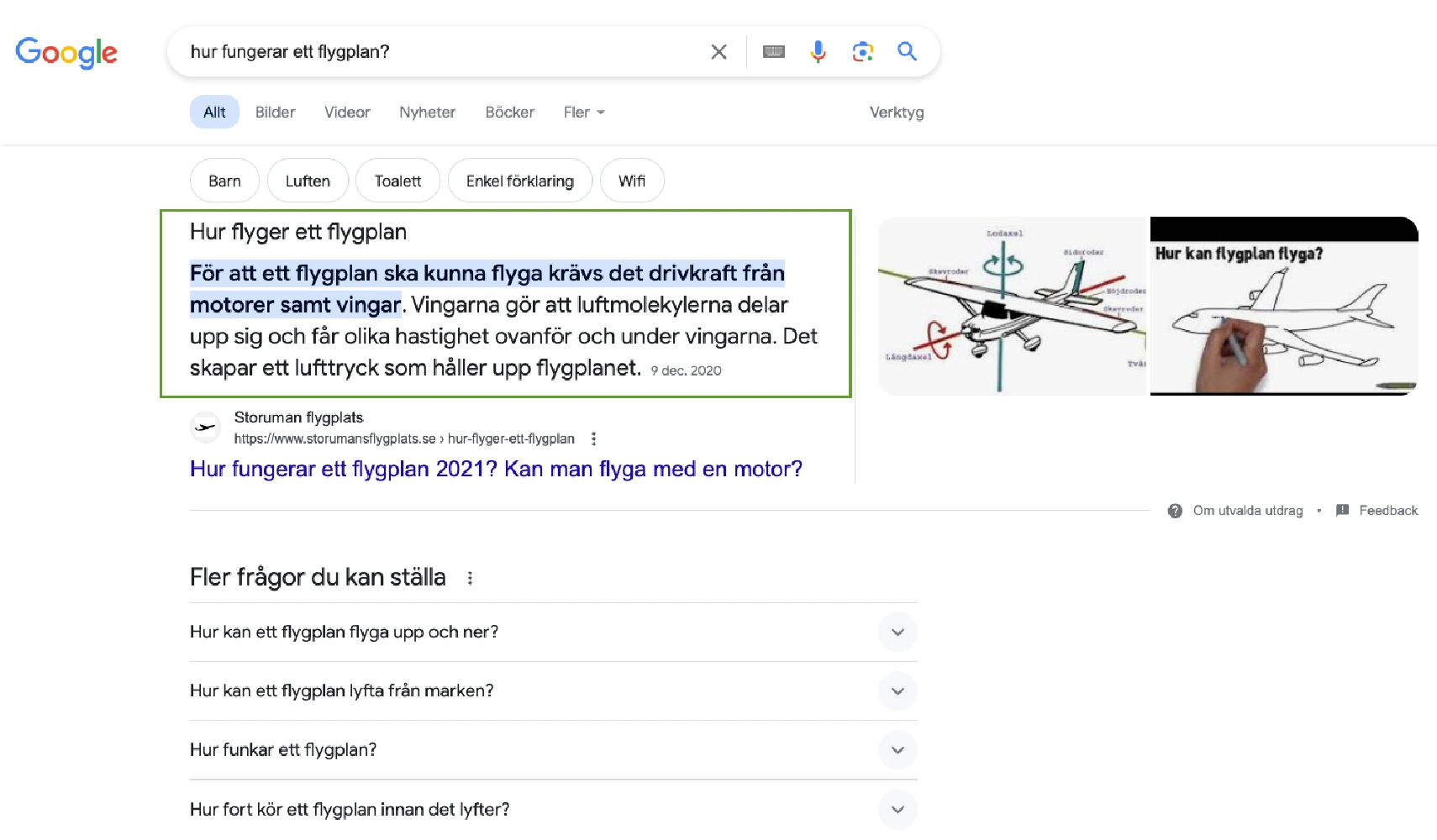Bild som visar ett textstycke som besvarar användaren sökfråga direkt i sökresultatet. En så kallad Featured snippet eller utvalda utdrag på svenska.
